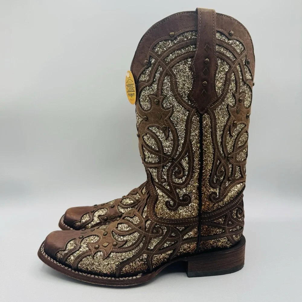 Corral Orix Glitter Inlay‎ Boots Women's Size 11 Brown Leather Gold Studded